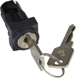 Key switch, unlit, latching, waistband square, front ring black, trigger position 0 + 1, mounting Ø 16 mm, ZB6CGB