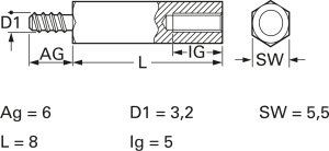 Hexagon spacer bolt, External/Internal Thread, M3, 8 mm, brass