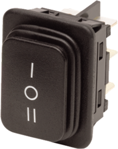 Rocker switch, black, 2 pole, On-Off-On, Changeover switch, 12 (4) A 250 VAC 1E4, IP65, unlit, printed