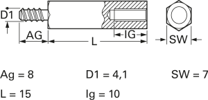 Hexagonal spacer bolt, External/Internal Thread, M4, 15 mm, steel