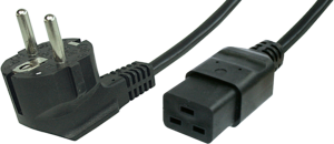 Device connection line, Europe, plug type E + F, angled on C19 jack, straight, H05VV-F3G1.5mm², black, 2.5 m