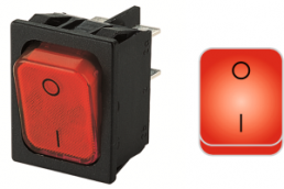 Rocker switch, red, 2 pole, On-Off, off switch, 20 (4) A/250 VAC, 10 (8) A/250 VAC, IP40, illuminated, printed