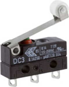 Subminiature snap-action switch, On-On, solder connection, roller lever, 0.78 N, 0.1 A/250 VAC, IP67