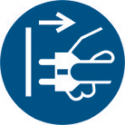 Mandatory sign, symbol: pull out mains plug, Ø 50 mm, plastic, 083.50-9-U