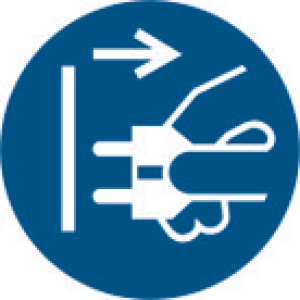 Mandatory sign, symbol: pull out mains plug, (W) 12 mm, plastic, 083.50-9-Y