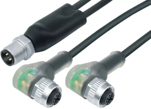 Sensor actuator cable, M12-cable plug, straight to 2 x M12-cable socket, angled, 4 pole/2 x 3 pole, 1 m, PUR, black, 4 A, 77 9829 3634 50003-0100