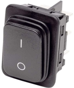Rocker switch, black, 2 pole, On-On, Changeover switch, 10 (8) A/250 VAC, IP65, unlit, printed