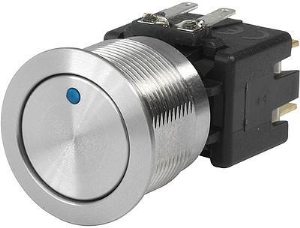 Pushbutton switch, 1 pole, silver, illuminated  (blue), 12 A/250 V, mounting Ø 22.1 mm, IP65, 1241.6834.1114000