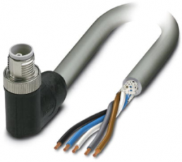 Sensor actuator cable, M12-cable plug, angled to open end, 5 pole, 10 m, PUR, gray, 16 A, 1414863