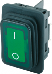 Rocker switch, green, 2 pole, On-Off, off switch, 20 (4) A/250 VAC, 10 (8) A/250 VAC, IP65, illuminated, printed