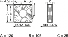DC axial fan, 24 V, 120 x 120 x 25 mm, 142 m³/h, 44 dB, slide bearing, TRACO POWER, D12 T24 HWS