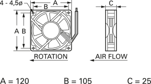 DC axial fan, 12 V, 120 x 120 x 25 mm, 142 m³/h, 44 dB, slide bearing, TRACO POWER, D12 T12 HWS