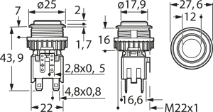 Pushbutton switch, 2 pole, silver, illuminated  (blue), 12 A/250 V, mounting Ø 22.1 mm, IP65, 1241.6834.1124000