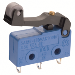 Snap acting switche, On-On, solder connection, roller lever, 0.6 N, 2 (0.5) A/250 VAC, IP40