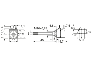Carbon dual potentiometer, 50 kΩ, 0.2 W, logarithmisch, Solder pin, PC16DH10IP06 2X50K  LOG B