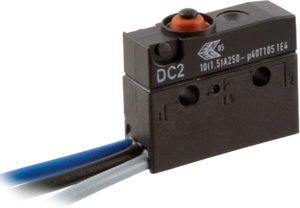 Subminiature snap-action switch, On-On, stranded wires, pin plunger, 3.4 N, 10 A/125 VAC, IP67