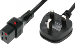 Device connection line, UK, plug type G, angled on C19 jack, straight, H05VV-F3G1.5mm², black, 2 m
