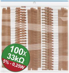 Carbon Film Resistor, 33 kΩ, 0.25 W, ±5 %, Bag with 100 pieces