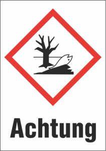 Hazardous goods sign, symbol: GHS09/text: "Achtung", (W) 26 mm, plastic, 013.34-9-52X37-V / 16 ST.