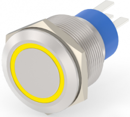 Pushbutton, 1 pole, silver, illuminated  (yellow), 5 A/250 V, mounting Ø 22.2 mm, IP67, 1-2213772-1