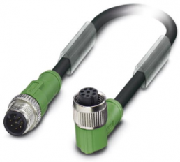 Sensor actuator cable, M12-cable plug, straight to M12-cable socket, angled, 8 pole, 0.3 m, PVC, black, 2 A, 1415745