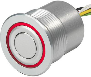 Pushbutton, 2 pole, silver, illuminated  (red), 0.125 A/48 V, mounting Ø 30 mm, IP65, 1241.6400