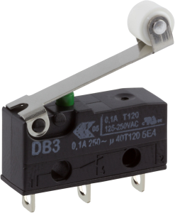 Subminiature snap-action switch, On-On, solder connection, roller lever, 0.65 N, 0.1 A/250 VAC, IP50