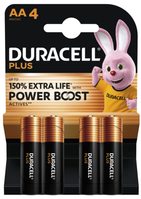 DURACELL PLUS POWER BOOST AA4 Duracell Round Cells, 9V Blocks