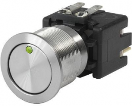 Pushbutton switch, 2 pole, silver, illuminated  (green), 12 A/250 V, mounting Ø 19.1 mm, IP65, 1241.6823.1122000