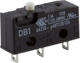 Subminiature snap-action switch, On-Off, solder connection, pin plunger, 1.5 N, 5 A/125 VAC, 1 A/48 VDC, IP50
