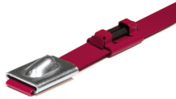 Cable tie with integrated RFID transponder, ultra high frequency 869 MHz, Polyester, Stainless steel, (L x W) 362 x 7.9 mm, bundle-Ø 17 to 102 mm, red, -40 to 85 °C