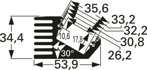 LED heatsink, 100 x 53.9 x 34.4 mm, 9 to 2.7 K/W, black anodized
