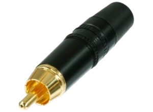 RCA plug for cable assembly 3.5 to 6.1 mm O.D., gold-plated, black color coding ring