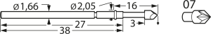 Long stroke test pin with probe, external hexagon, Ø 1.66 mm, travel  8 mm, pitch 2.54 mm, L 38 mm, F78607S200L300