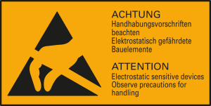 Warning sign, ESD logo with warning notice, (L x W) 18 x 37 mm, plastic, 083.95-9-18X37-A/10