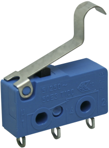 Subminiature snap-action switch, On-On, solder connection, roller hinge lever, 0.6 N, 5 A/250 VAC, IP40
