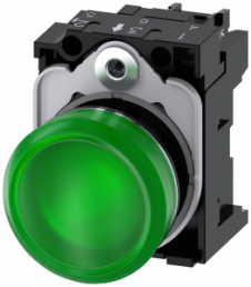 Indicator light, 22 mm, round, metal, high gloss,green, lens, smooth, 230 V AC