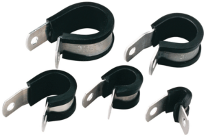 Cable clamp, max. bundle Ø 23.8 mm, steel, black, (W) 16 mm