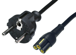Power cord, Europe, Plug Type E + F, straight on C5-connector, straight, H03VV-F3G0.75mm², black, 2 m