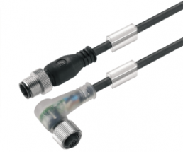 Sensor actuator cable, M12-cable plug, straight to M12-cable socket, angled, 3 pole, 1 m, PUR, black, 4 A, 9457790100