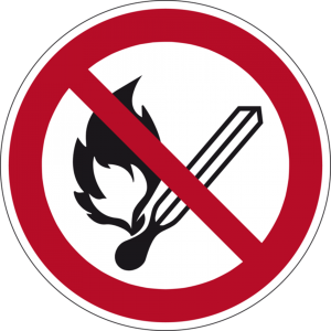 Prohibition sign, symbol: open fire, Ø 200 mm, plastic, 057.01.9 200MM M