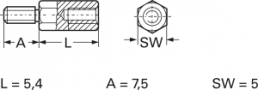 Hexagon spacer bolt, External/Internal Thread, M2.5/4-40 UNC, 5.4 mm, steel