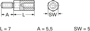 Hexagon spacer bolt, External/Internal Thread, M3/4-40 UNC, 7 mm, steel