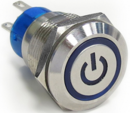 Pushbutton, 1 pole, silver, illuminated  (blue), 5 A/250 V, mounting Ø 19.2 mm, IP67, 1-2213766-7
