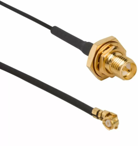 Coaxial Cable, RP-SMA jack (straight) to AMC plug (angled), 50 Ω, 1.37 mm micro cable, grommet black, 200 mm, 336306-14-0200