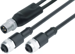 Sensor actuator cable, M12-cable plug, straight to 2 x M12 cable socket, straight, 4 pole/2 x 3 pole, 2 m, PUR, black, 4 A, 77 9829 3430 50003-0200