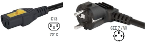 Device connection line, Europe, plug type E + F, angled on C13 jack, straight, H05VV-F3G1.0mm², black, 5 m