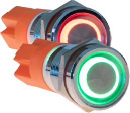 Pushbutton switch, silver, illuminated  (red), 0.5 A/250 VAC, mounting Ø 12 mm, IP67/IK10, BUTTON12E-02