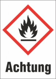 Hazardous goods sign, symbol: GHS02/text: "Achtung", (W) 37 mm, plastic, 013.23-9-52X37-V / 16 ST.