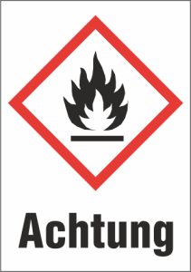 Hazardous goods sign, symbol: GHS02/text: "Achtung", (W) 26 mm, plastic, 013.23-9-37X26-W1 / 36 ST